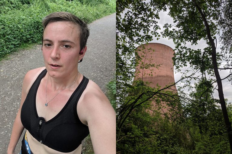 left: jem running in sports bra, right: ironbridge power station cooling tower